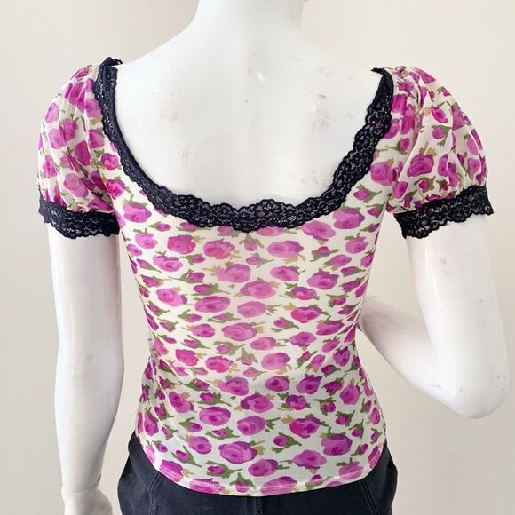 Urban Outfitters Kimchi Blue Blake Rose Floral Print Mesh Top w Black Lace Trim - Picture 4 of 9